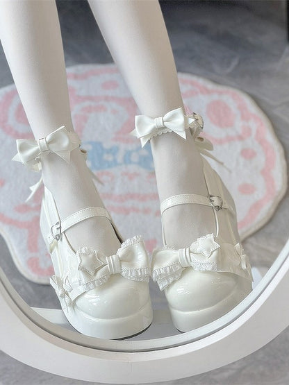 Accents with Shoes White Sweet Style PU Lolita Leather Bow Platform Round-Toe