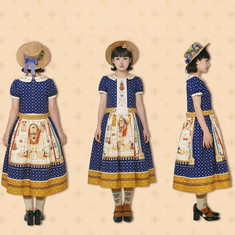 Long Dark Blue Musical Print Peter Pan Collar OP Dress with Tassels - Crucis Universal Tailor Company