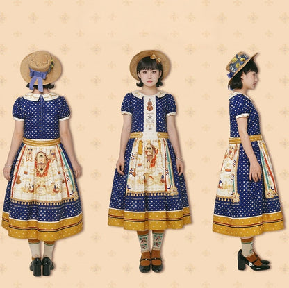 Long Dark Blue Musical Print Peter Pan Collar OP Dress with Tassels - Crucis Universal Tailor Company