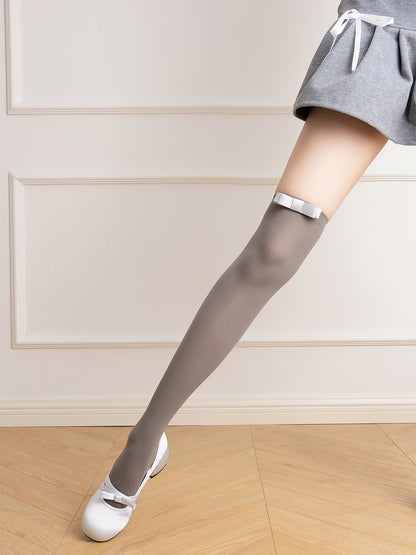 Decorated Over Bow JK White/Gray/Pink 48CM Stockings Creamy Knee
