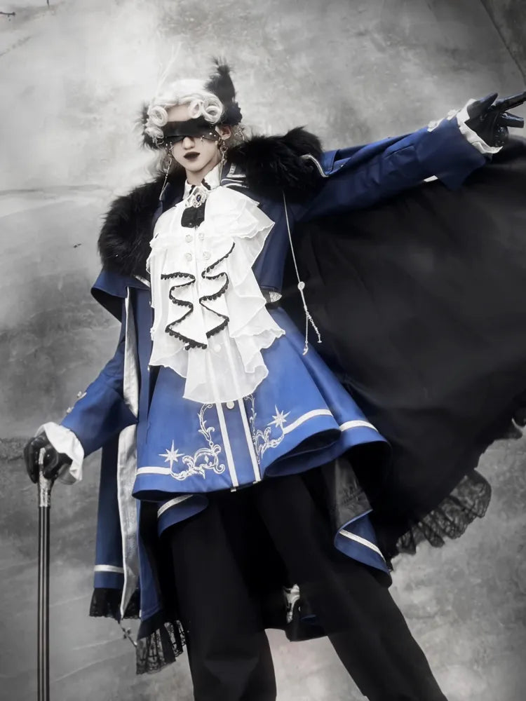 XXL Goldmantel Blauer Rock + Set Cape Shirt Jabot Besatz Ausverkaufsgröße Voll Lolita Militär und