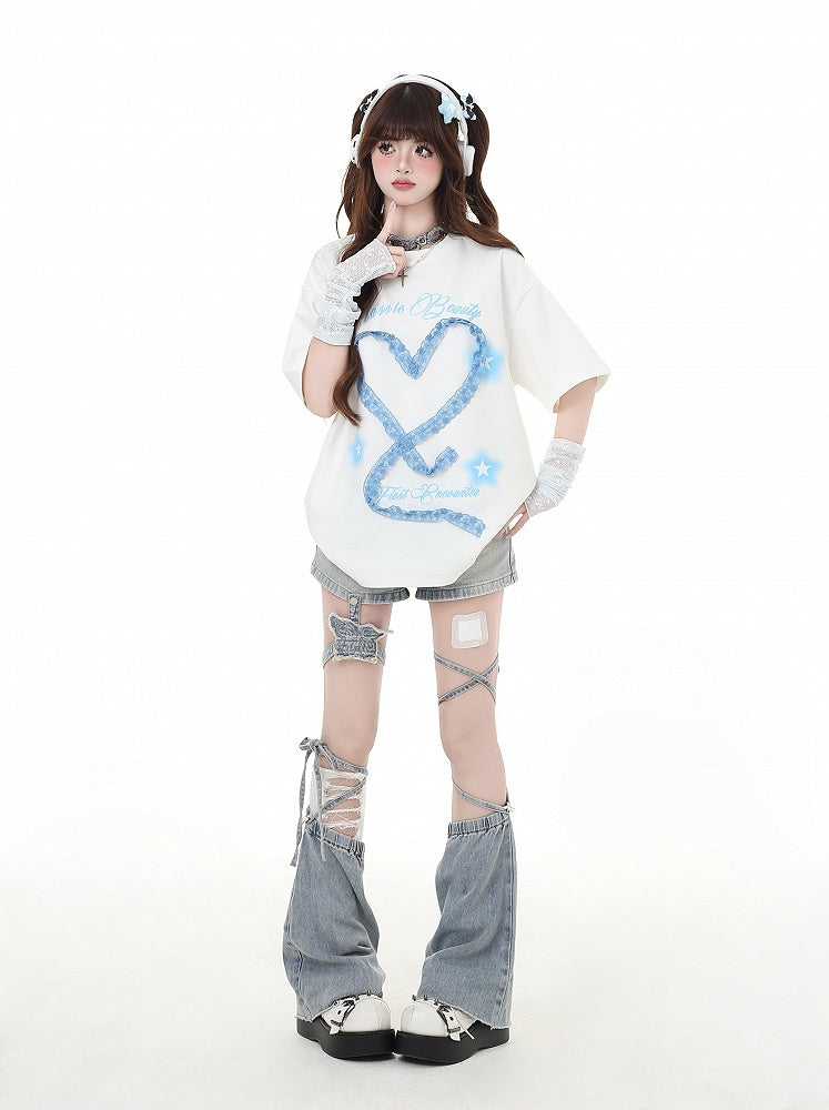 デザインアームウェアフリーハート型レースホワイト/ライトブルーTシャツ