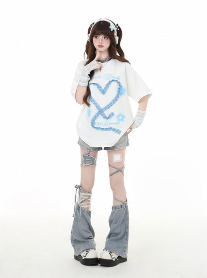 デザインアームウェアフリーハート型レースホワイト/ライトブルーTシャツ