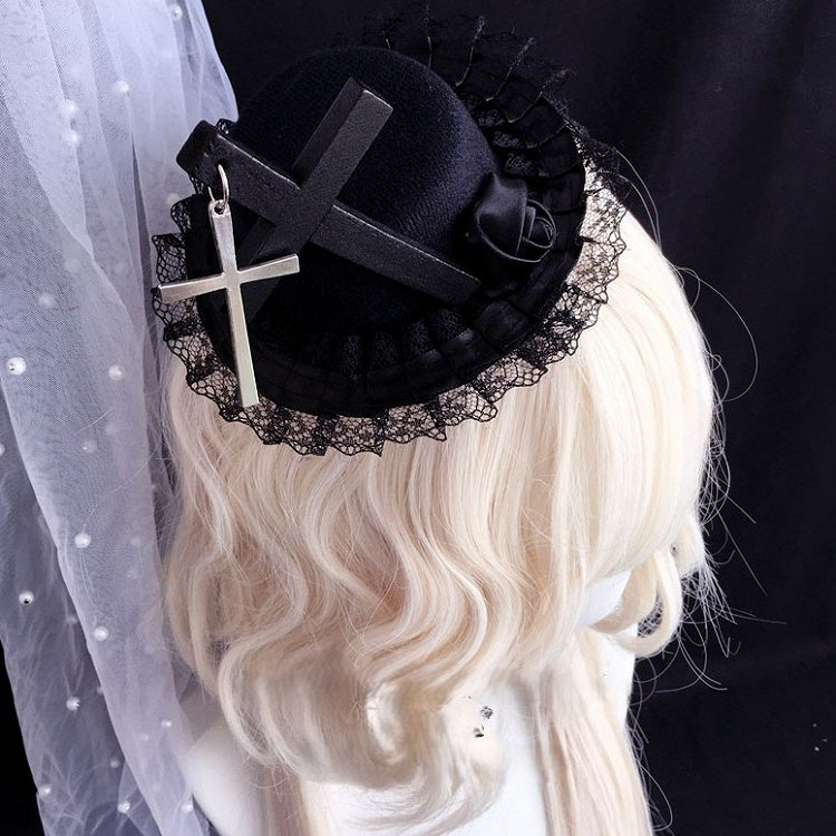 Black Cross Lace Gothic with Hat Accents Rose Mini