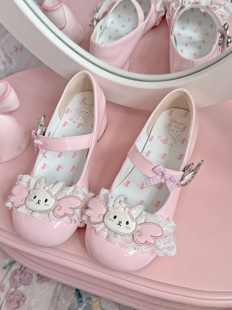 Mary Winged Low-heel/Mid-heel with Lace Patch - Bunny Lolita Buckle Rabbit Trim Pink Janes Sweet