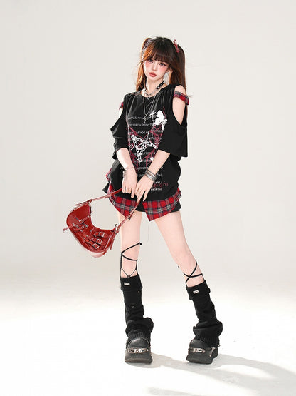 Rebel Hunter Butterfly and Spider Cutout Shoulder Plaid Patchwork Hem Black/White T-Shirt