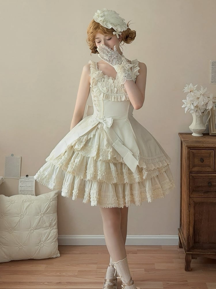 Jumper Slim Lolita Beige Fit Tiered Waist Elegant Skirt