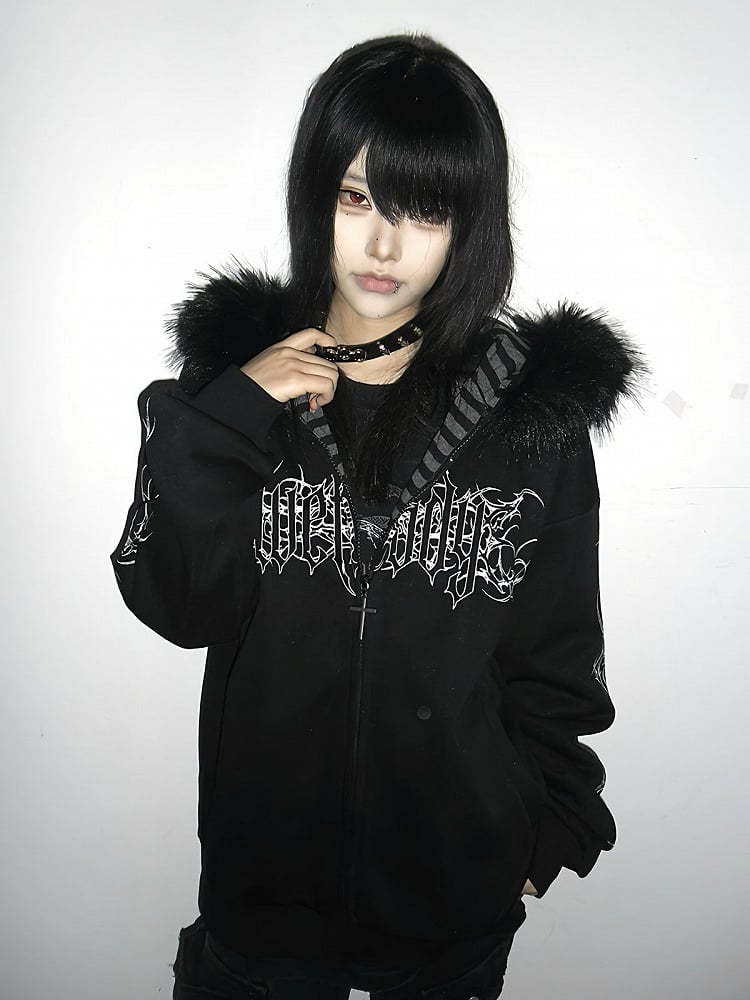 Y2K Dark Hooded Jacket with Detachable Fur Collar and White Floral - Alita26SS