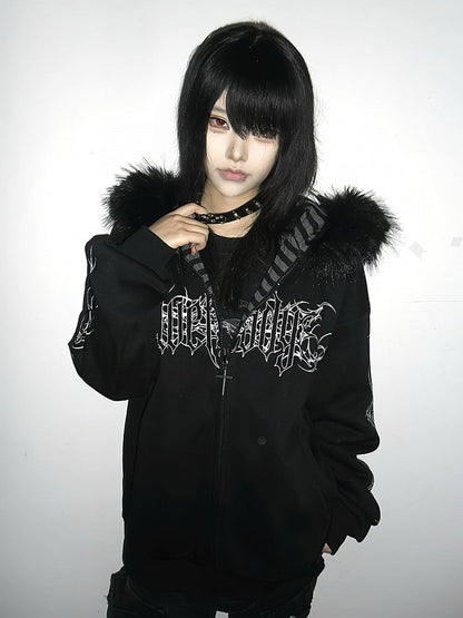 Y2K Dark Hooded Jacket with Detachable Fur Collar and White Floral - Alita26SS