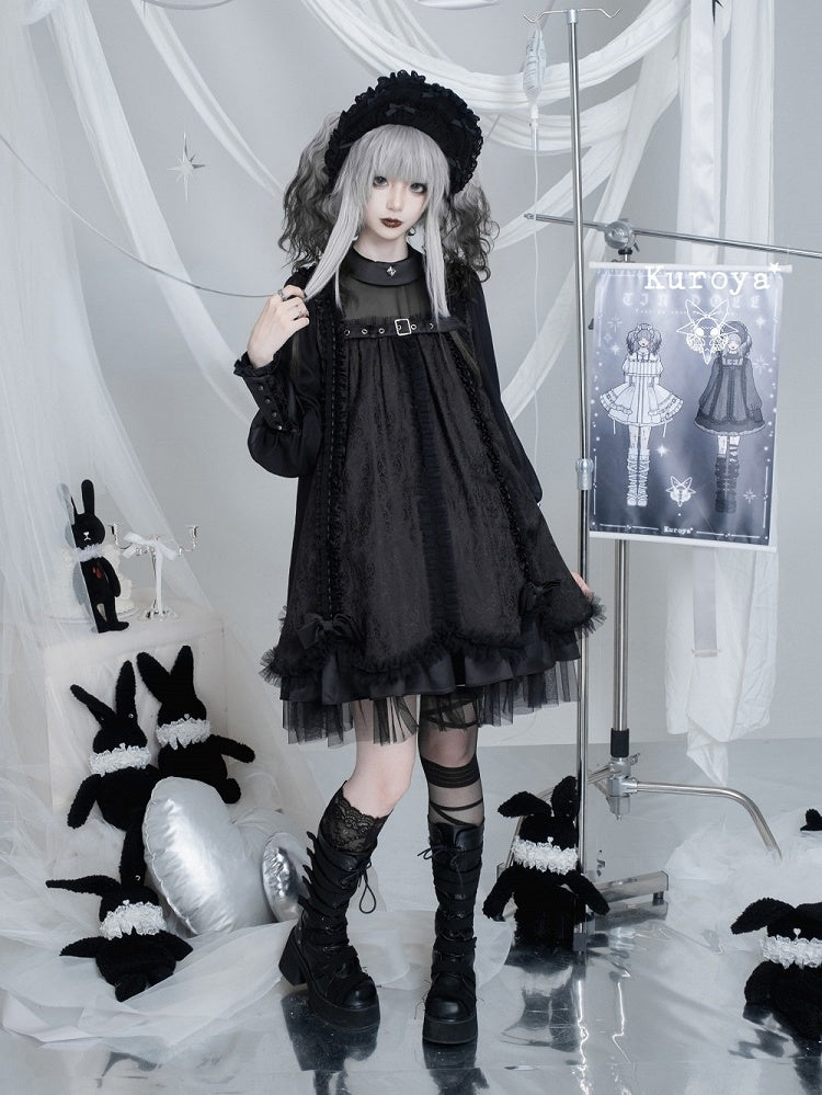 Black Gothic Lolita Pleated Dress with Round Collar, Lace and Metal Accents - Kuroya