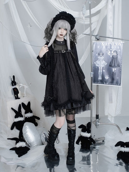 Black Gothic Lolita Pleated Dress with Round Collar, Lace and Metal Accents - Kuroya