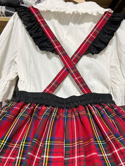 Punk Heart-Bodice Skirt Flutter Bowknots Straps Jumper Lolita with Red Plaid Striped