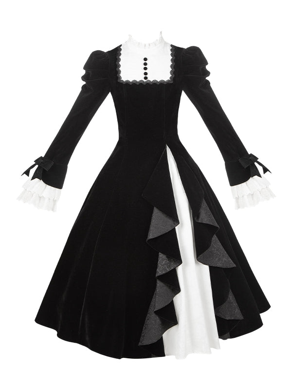 Black Cascading Lolita Elegant White Ruffled Dress Jacquard Ruffle Paneled Skirt with Fabric Neck