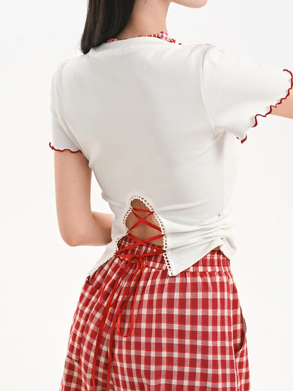 レースアップバック プラッシュキティ レタスヘム ホワイト Tシャツ