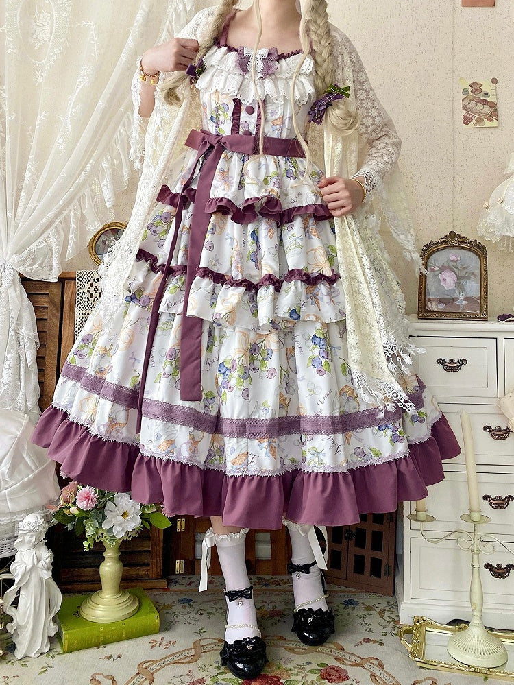 Lolita-Rüschen und Eiscreme-Lila-Rock, gestuftes Blaubeerkleid, Besatz mit Print