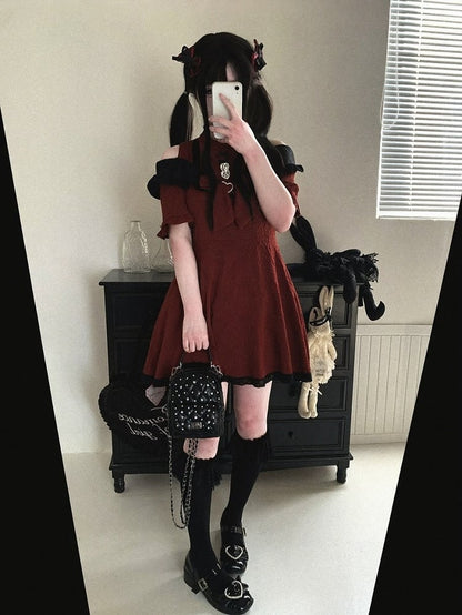 Cutout Shoulder Jacquard Dress with Ruffles, Bow Details, 4 Shades - Kitty Bxllet