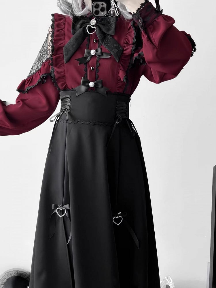 トリムデザインケイスカートジライブラックレースアップディテールレーススリットサイド