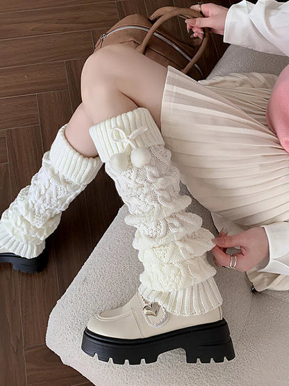 Heart Cable-Knit Pom-Pom Leg Warmers - Kawaii Fairy Kei & Sweet Lolita Accessory, 4 Colors