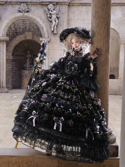 Floor-Length Black & Purple Hanayome Hime Dress with Butterfly and Flower Accents - Cat Fairy Lolita