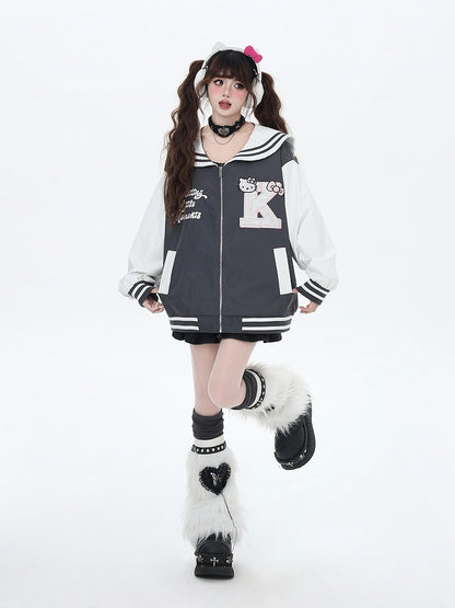 Navy Blue/Gray Sailor Collar Kitty Embroidered Baseball Jacket