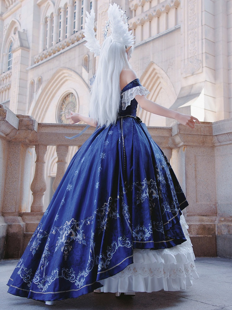 ダークブルーとホワイトのゴージャスなトレインドレスロリータジャンパースカート