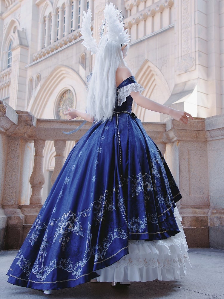 Dark Blue and White Boned Corset Bodice Gorgeous Printed Train Lolita Dress Full Set