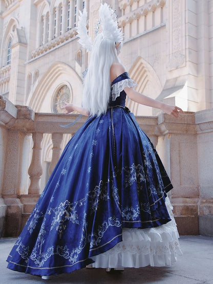 Dark Blue and White Boned Corset Bodice Gorgeous Printed Train Lolita Dress Full Set