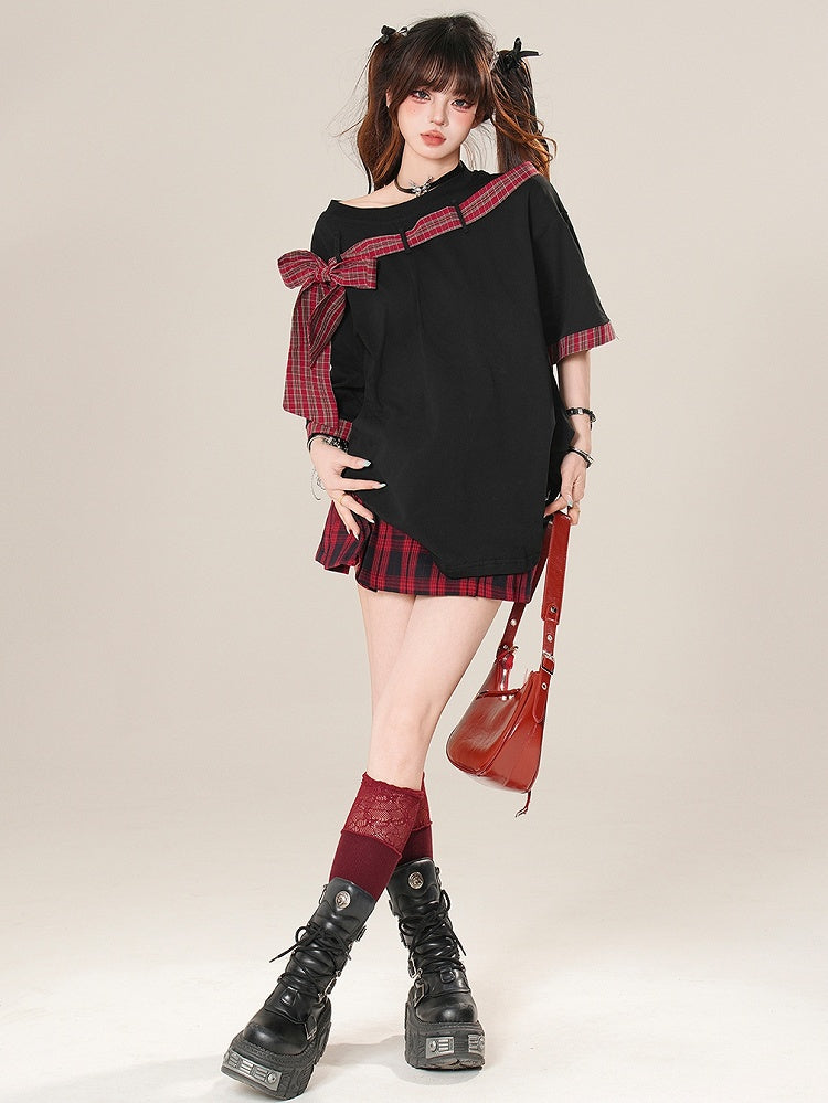 T-shirt Plaid Neckline Pattern Asymmetrical Bowknot Black/Gray