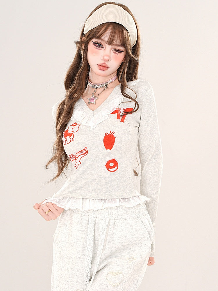 Schwarz/Graues Cartoon-Top mit V-Ausschnitt und Spitzenbesatz