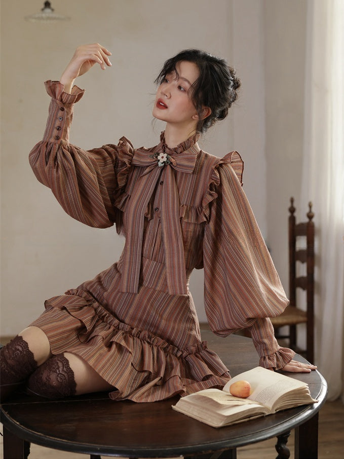 Reddish Brown Striped Pattern Vintage  Bishop Sleeves Ruffle Trim Blouse
