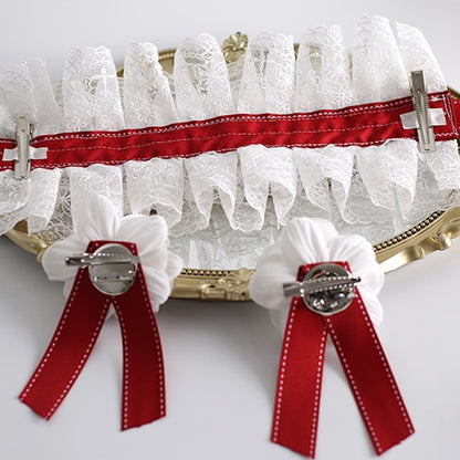 Hairband White Lolita Flowers Detachable Elegant And Bowknot Lace With Red