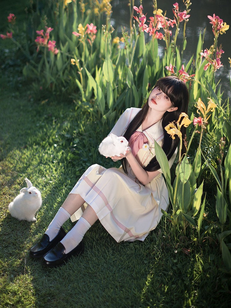 mit Faltenkasten Matrosengelb Milch Taille Kleid Rock Kragen Gürtel