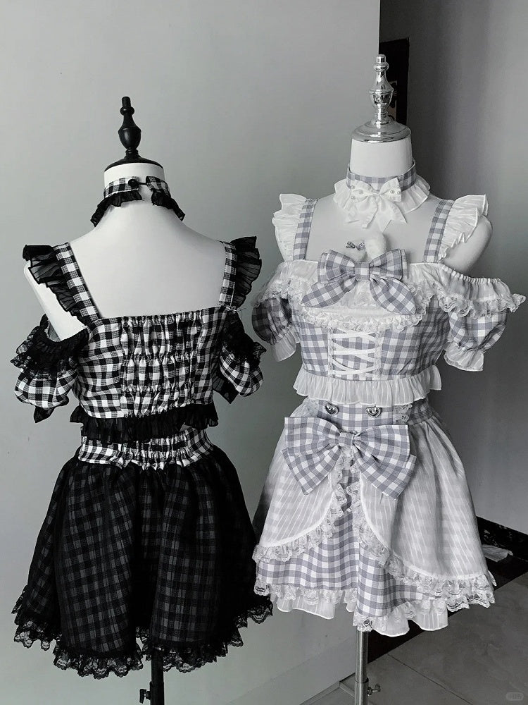 Plaid Idol Design Neckline Bowknot+ Set- Off-the-shoulder Choker High Waist Top Jirai Kei Gray + Bunny Skirt+ Ears