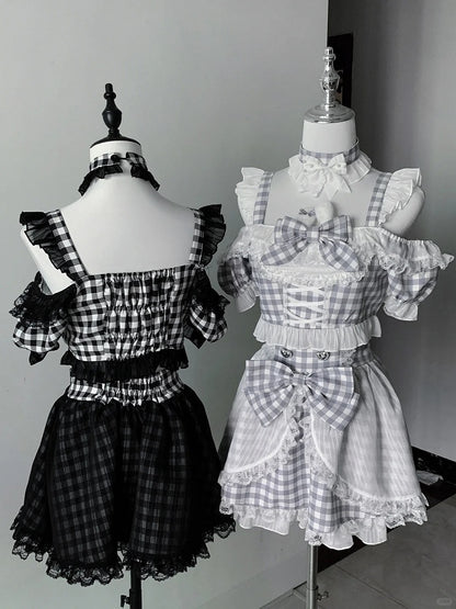 Plaid Idol Design Neckline Bowknot+ Set- Off-the-shoulder Choker High Waist Top Jirai Kei Gray + Bunny Skirt+ Ears