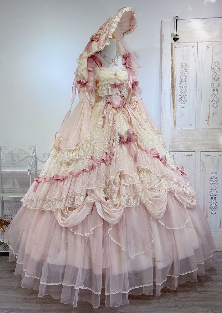 Hime Bowknot Pink Dress Piece One Lolita Hanayome Gorgeous Floral Beige and Corset