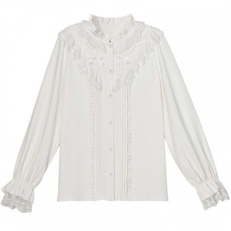 詳細 ブラウス ホワイト シフォン レーストリム 蝶結び フリル