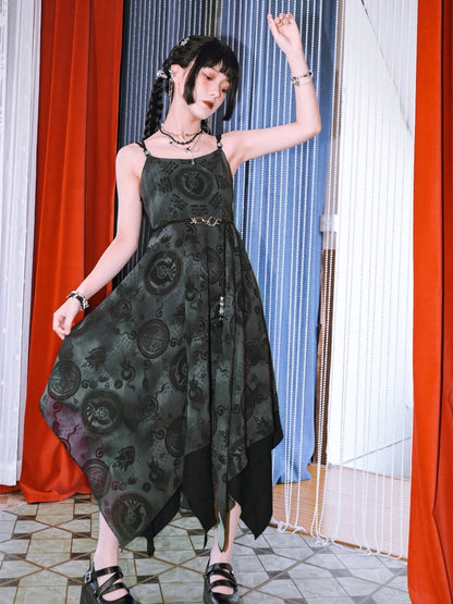 Hem Cheongsam Style Graphic Handkerchief Cami Chiffon Dress Black