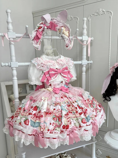 Akzente Druck mit Schleife Erdbeere und Süßkirsche Rosa Lolita Mode Kleid Licht
