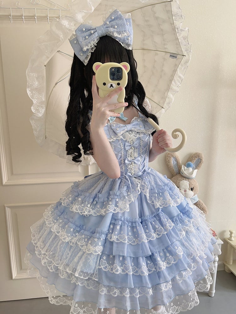 JSK Bow Sweet Fresh Blue Lace Princess with Dress Multi-Layer Details Trim Bead