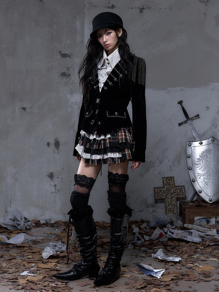 Lapel Multi-Row Embroidered Blazer Back Black with Cross Punk Fringe Epaulettes Shoulder Buttons Detachable