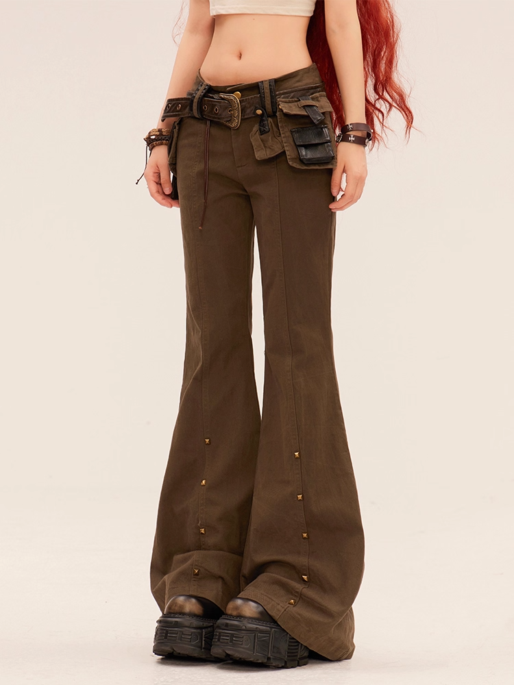with Waist Studded Cuffs Flared Pants Buckle Belt Brown Low