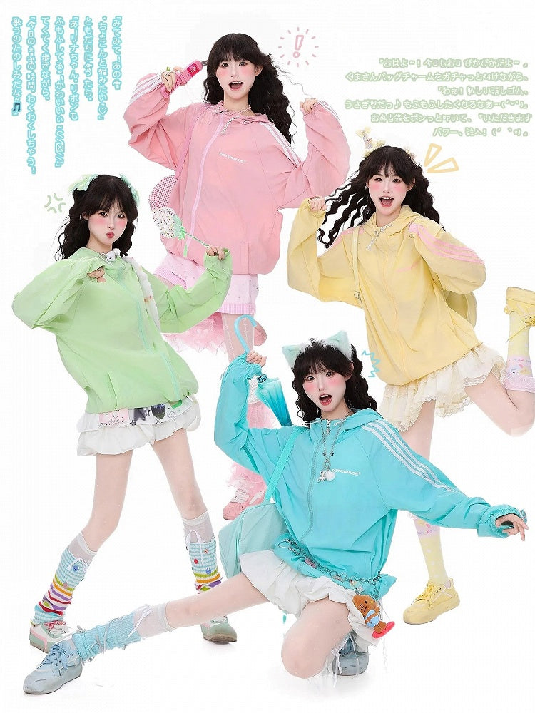 Kawaii Sun Closure Daily Green/Yellow/Pink Cuffs Protection Jacket Elastic Zipper with