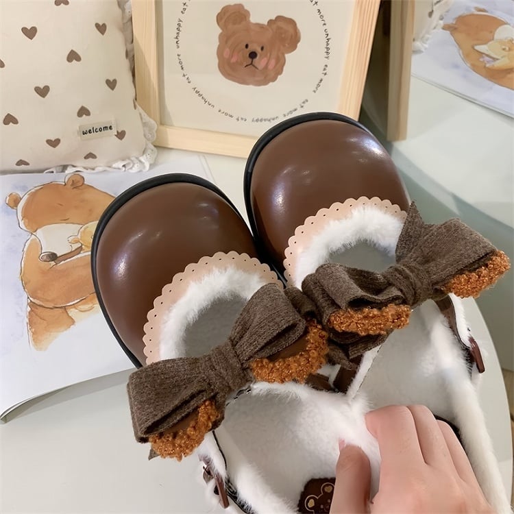 Chocolate Regular/Thicken Scalloped with Version - Sweet Bear-themed Lolita Trim Low/Mid Bow Removable Ornate Heels