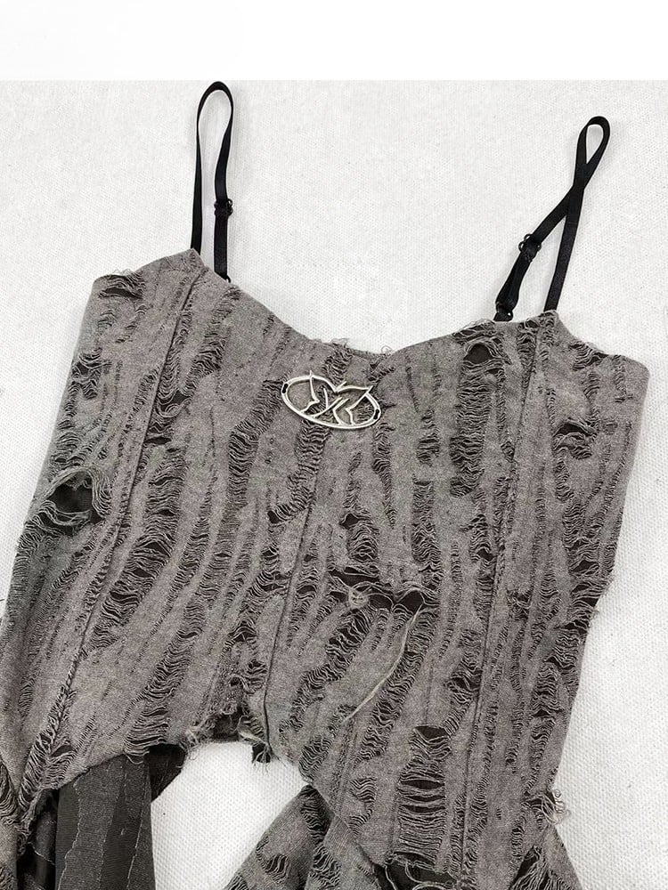 パンクアクセント ラッフルトップ ディストレストディテール ウェイストランド カスケードキャミソール グレー