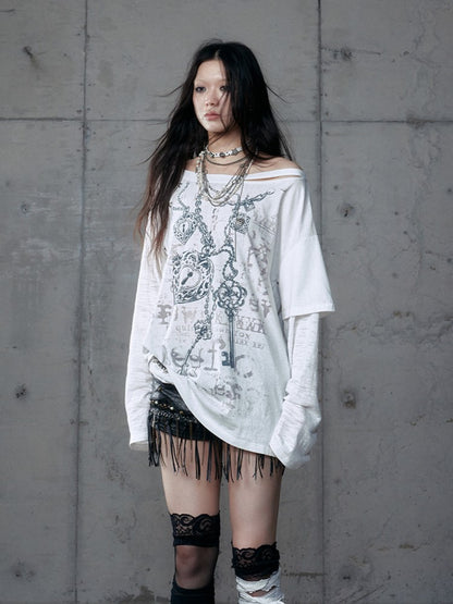 White Grunge Aesthetic Heart Off-Shoulder Print Stud Distressed Cross Punk with Top Details Charm Wasteland