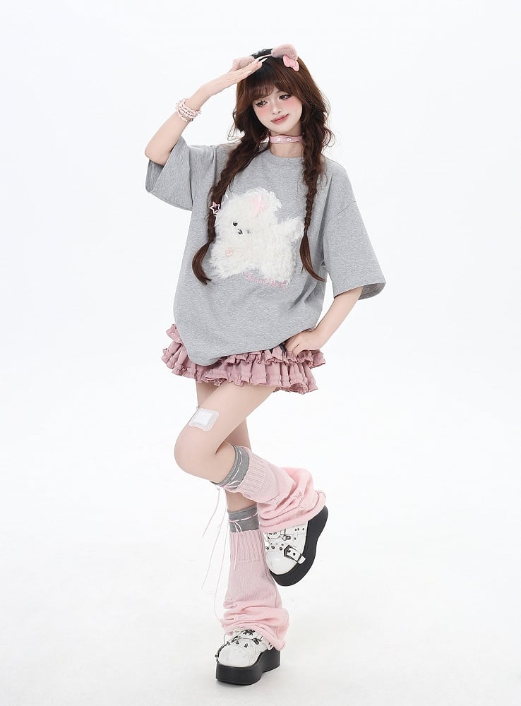 Black/Light Blue/Light Gray Plush Puppy Applique Loose T-Shirt