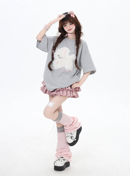 Black/Light Blue/Light Gray Plush Puppy Applique Loose T-Shirt