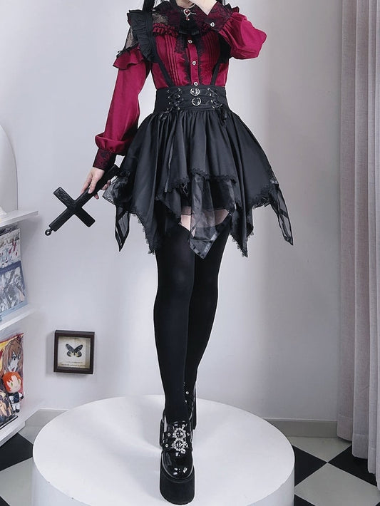 ジライケイ ブラック ハイウエスト ハンカチヘム ティアードスカート ランドマインスタイル オーバーオール ドレス