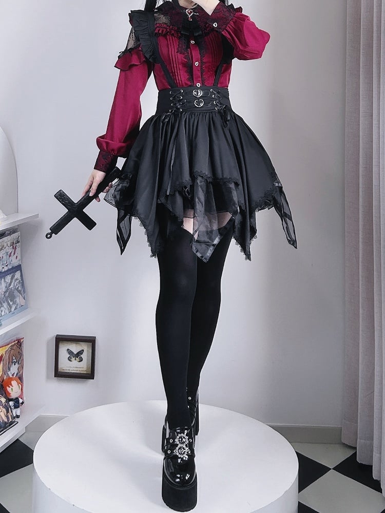 Jirai Kei Black High-Waisted Handkerchief Hem Tiered Skirt Landmine Style Overall Dress