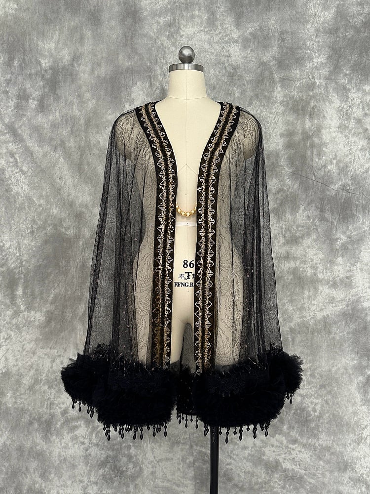 and Fringe Sheer Gold Tulle Black Beaded Cape Ouji with Lolita